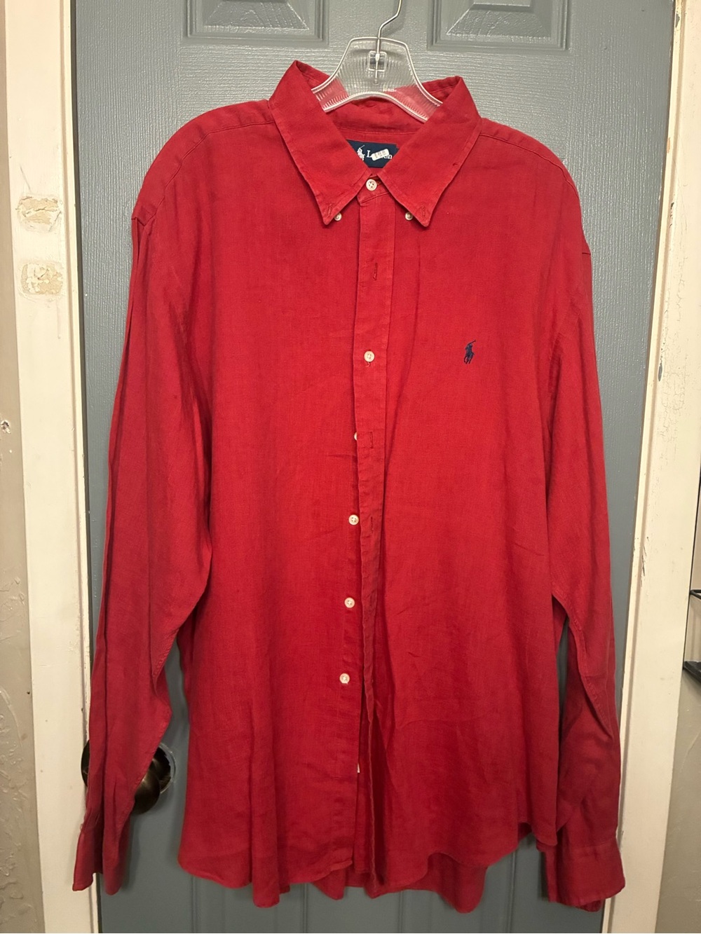 Ralph Lauren Men's Long-Sleeve Red Button-Down Shirt with Navy Polo Logo